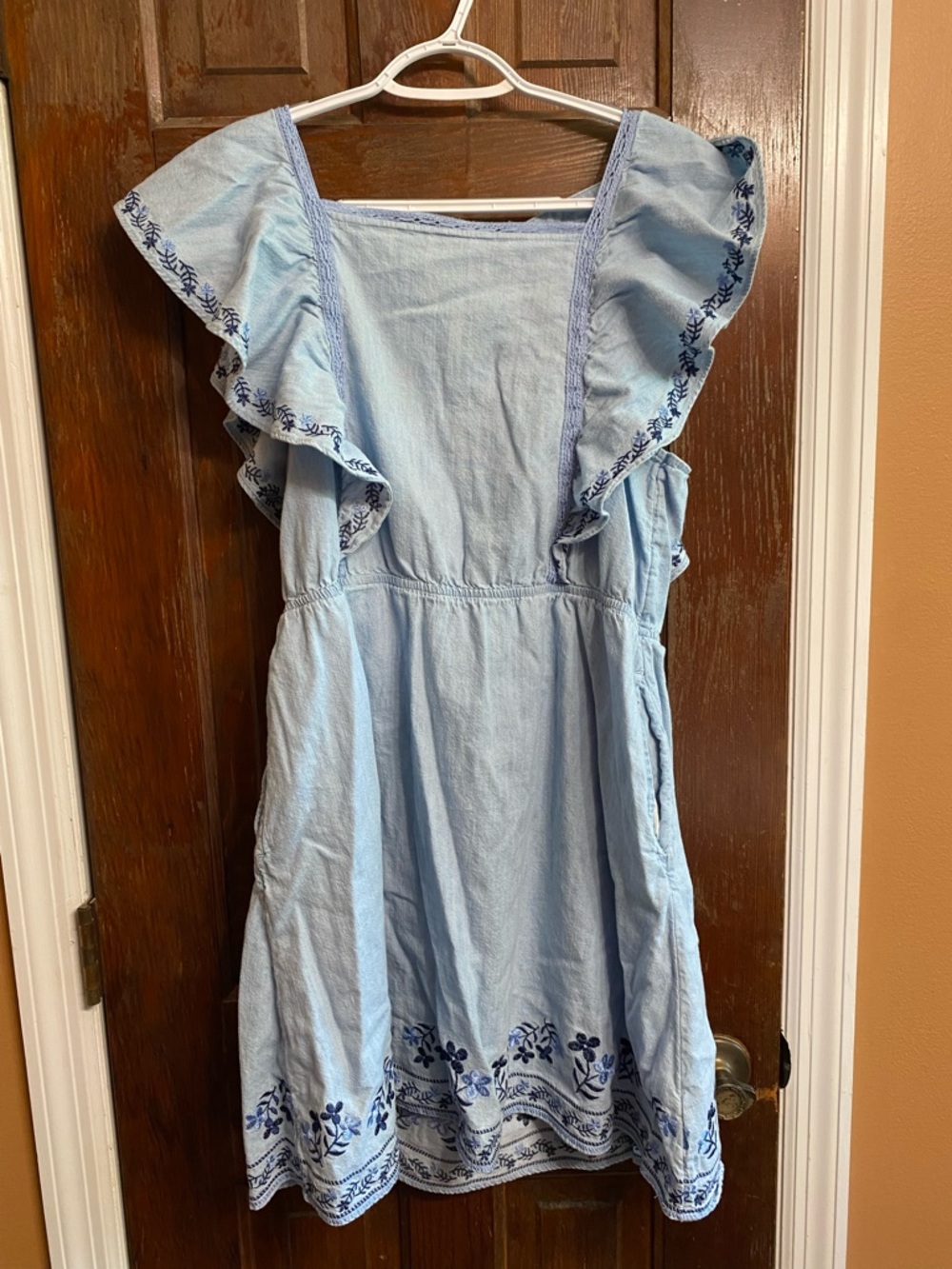 Old Navy Light Blue Dress with Navy Floral Embroidery